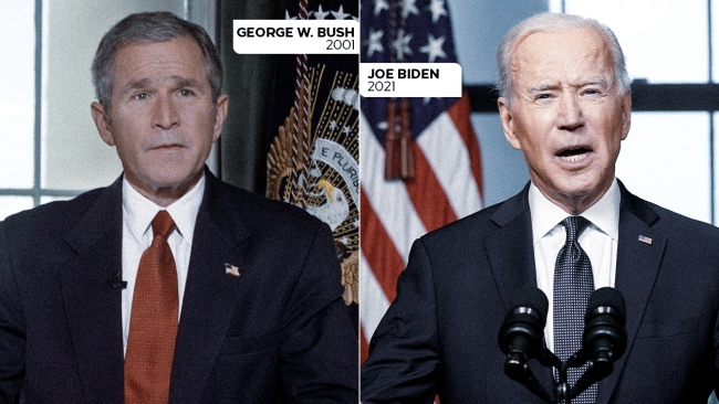 2001’de ABD Başkanı olan George W. Bush’un Taliban’a savaş ilan ettiği Beyaz Saray’daki odada bu kez ABD Başkanı Joe Biden kameraların karşısına geçti ve Afganistan’dan çekileceklerini açıkladı. Fotoğraflar: AP ve Reuters. Kolaj: TRT Haber